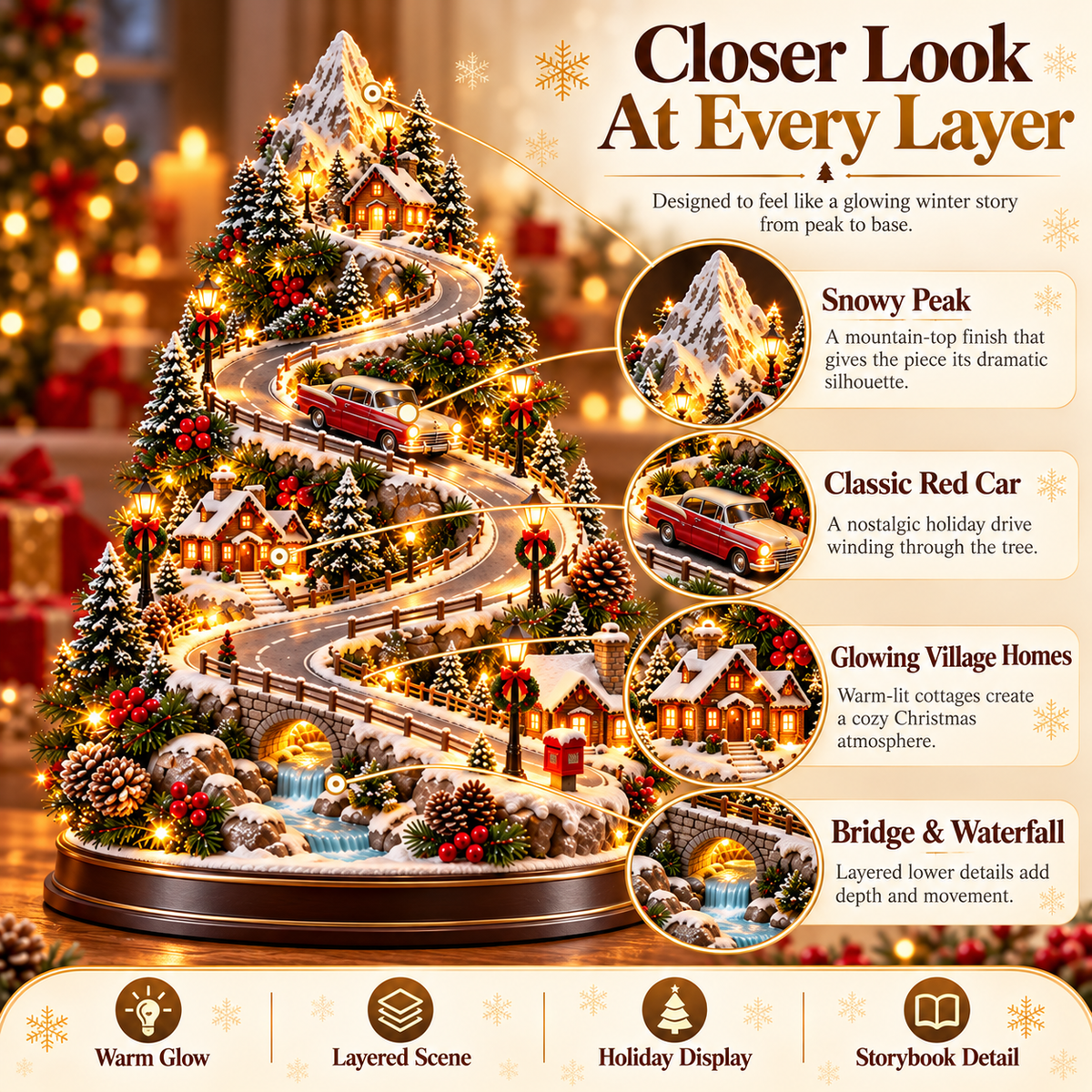 Christmas Mountain Village Tree – Snowy Alpine Road Tabletop Decor