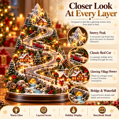 Christmas Mountain Village Tree – Snowy Alpine Road Tabletop Decor