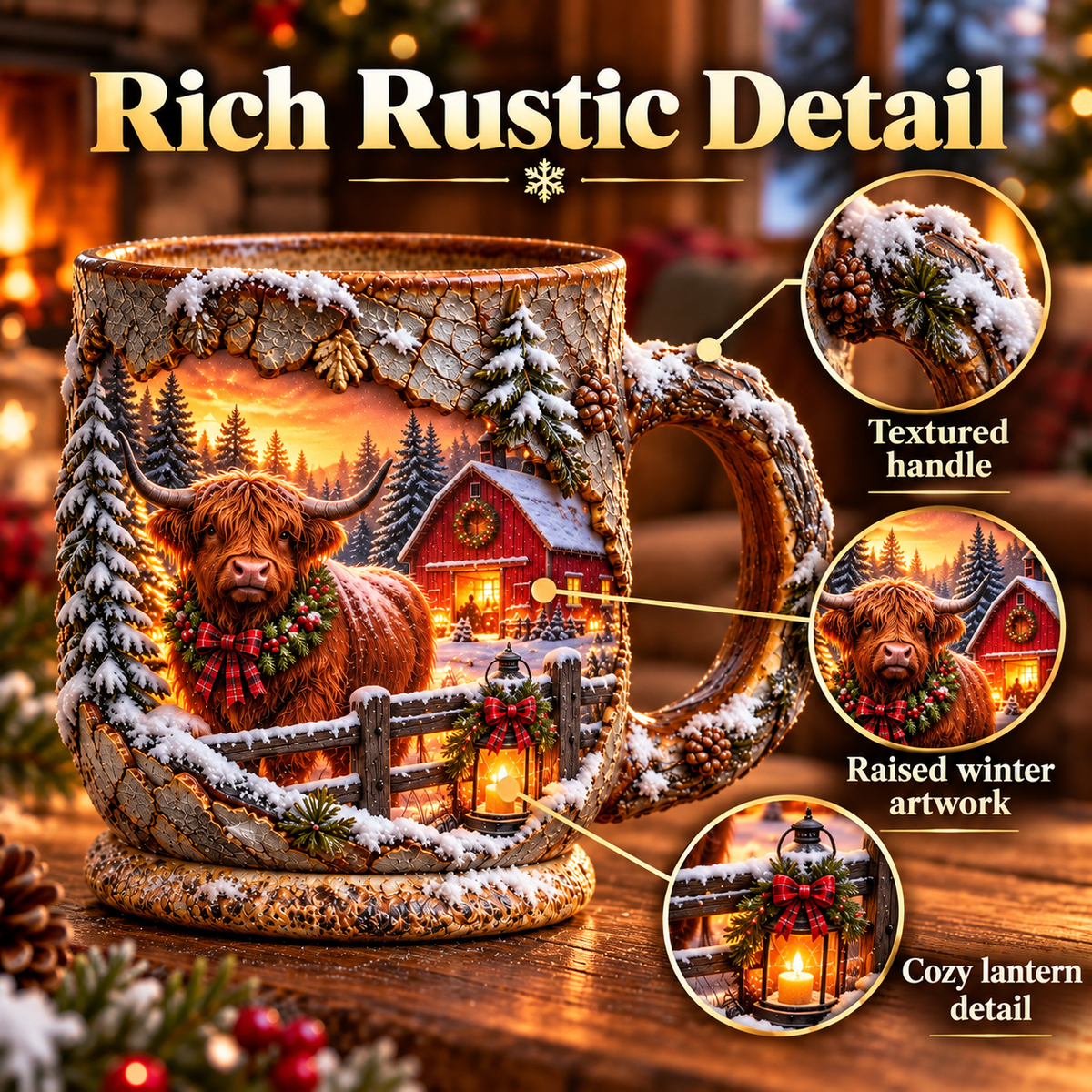 Highland Cow Christmas mug with hot cocoa in a cozy winter farmhouse
