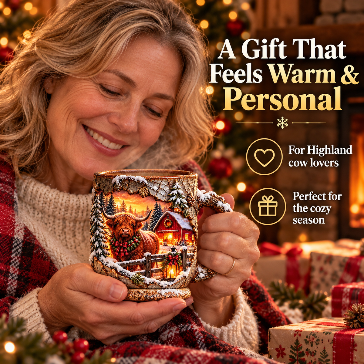 Couple sharing a cozy morning with Highland Cow Christmas mugs