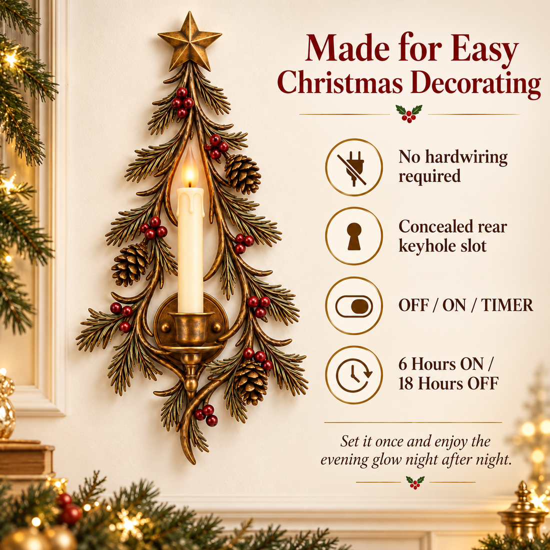 Christmas tree wall candle sconce close up