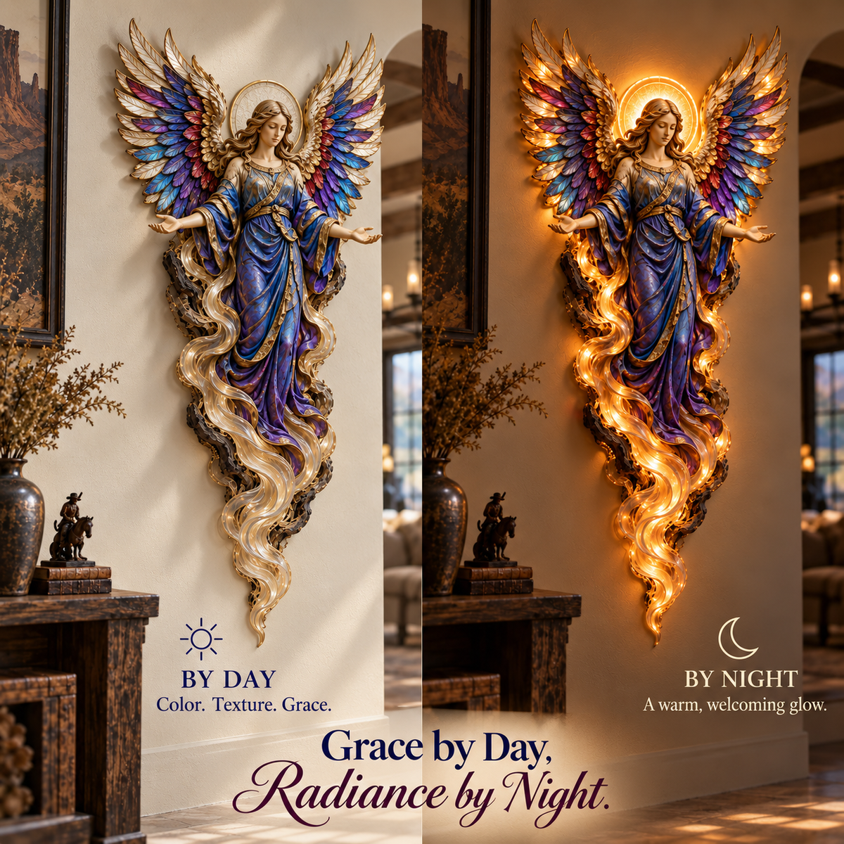 Gabriel angel wall sculpture day and night