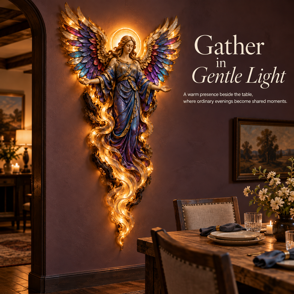 Gabriel angel sculpture beside dining area