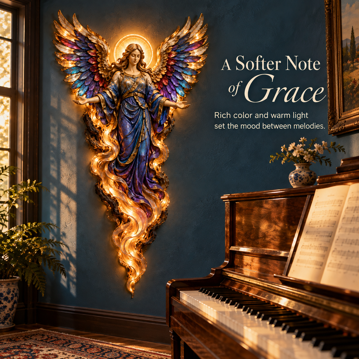 Gabriel angel sculpture beside piano