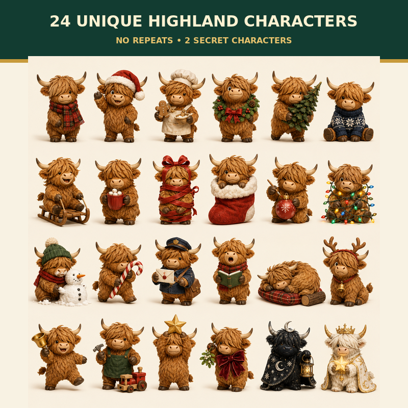 24 Highland cow Advent Calendar characters