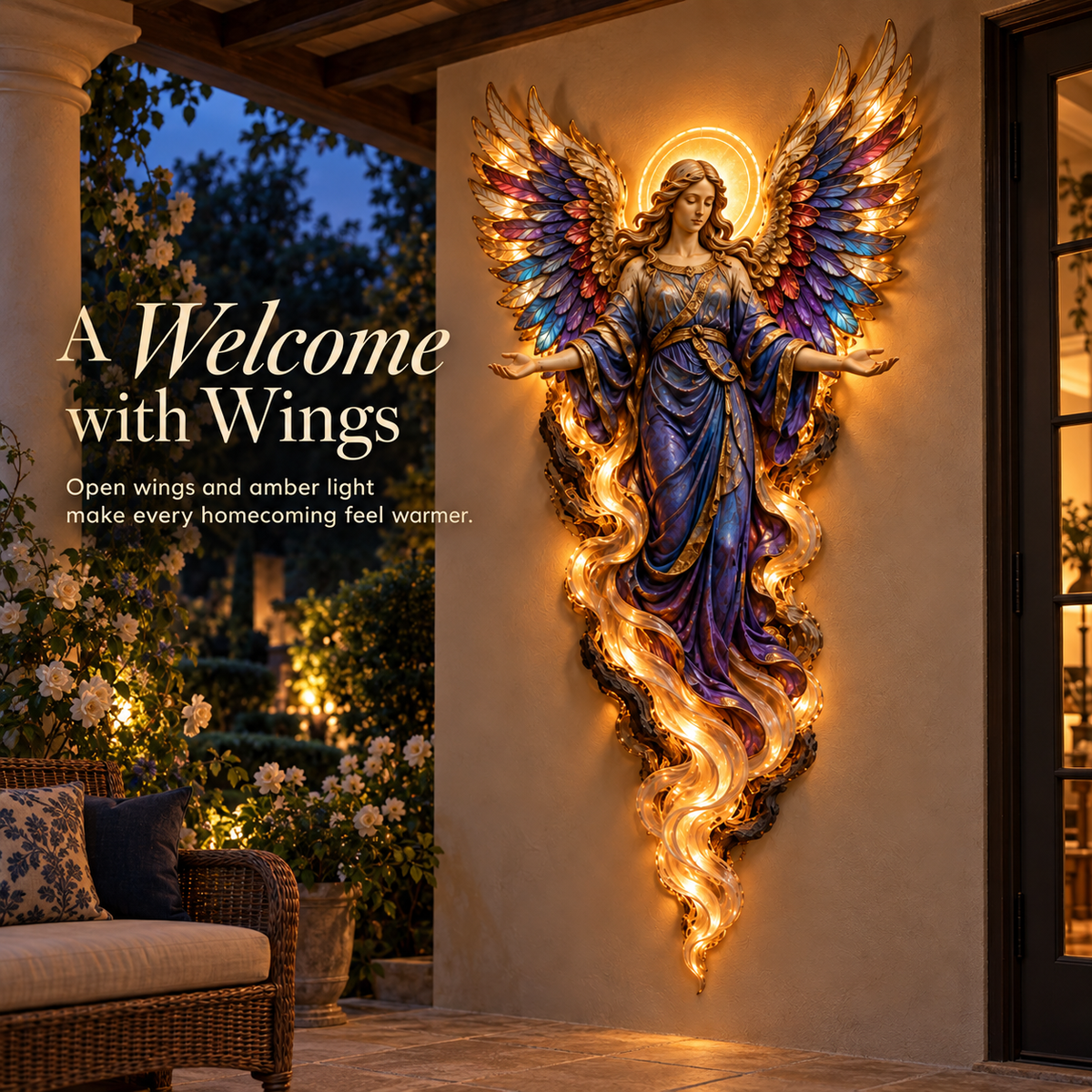 Gabriel angel illuminated near home entrance