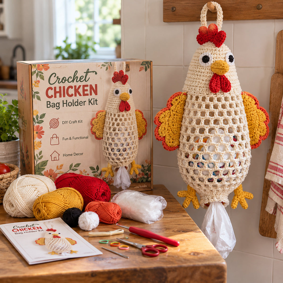 Chicken crochet bag holder with mesh storage body, bottom dispensing opening and illustrated DIY materials