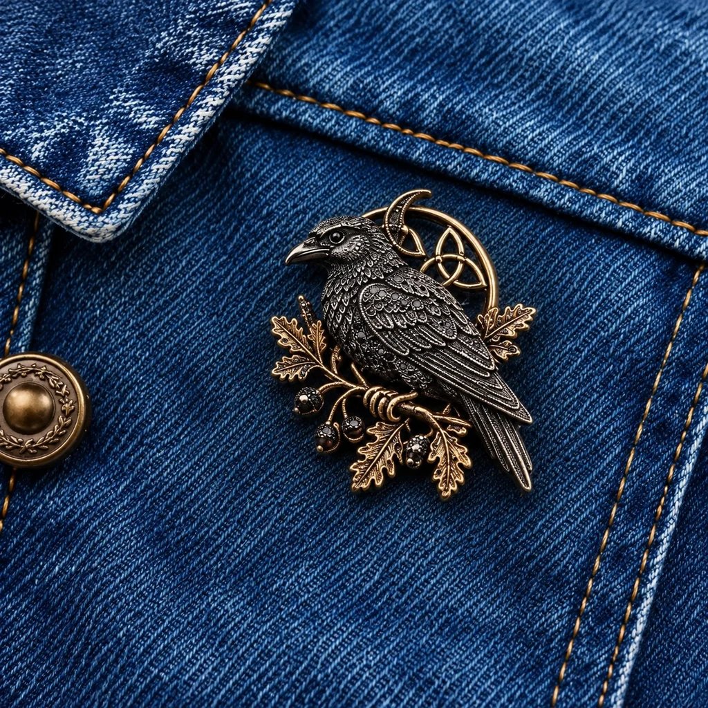 Raven brooch worn on coat