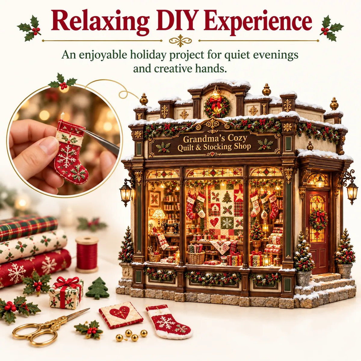 🧵 Grandma’s Cozy Quilt Shop DIY Kit 🎄 | Light-Up Christmas Miniature | Build Your Own Holiday Tradition