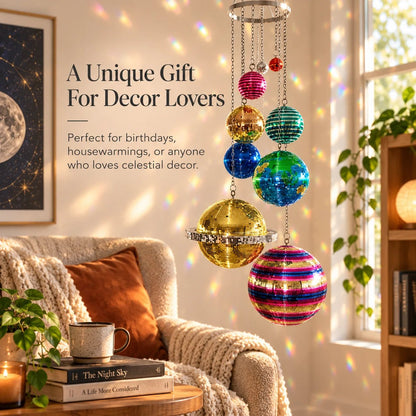 🌈 Solar System Disco Ball Hanging Mobile – Colorful Reflective Celestial Room Decor，10*26in