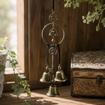 🌙 Vintage Witch Bells – Pentagram & Key Hanging Door Chime 🔔