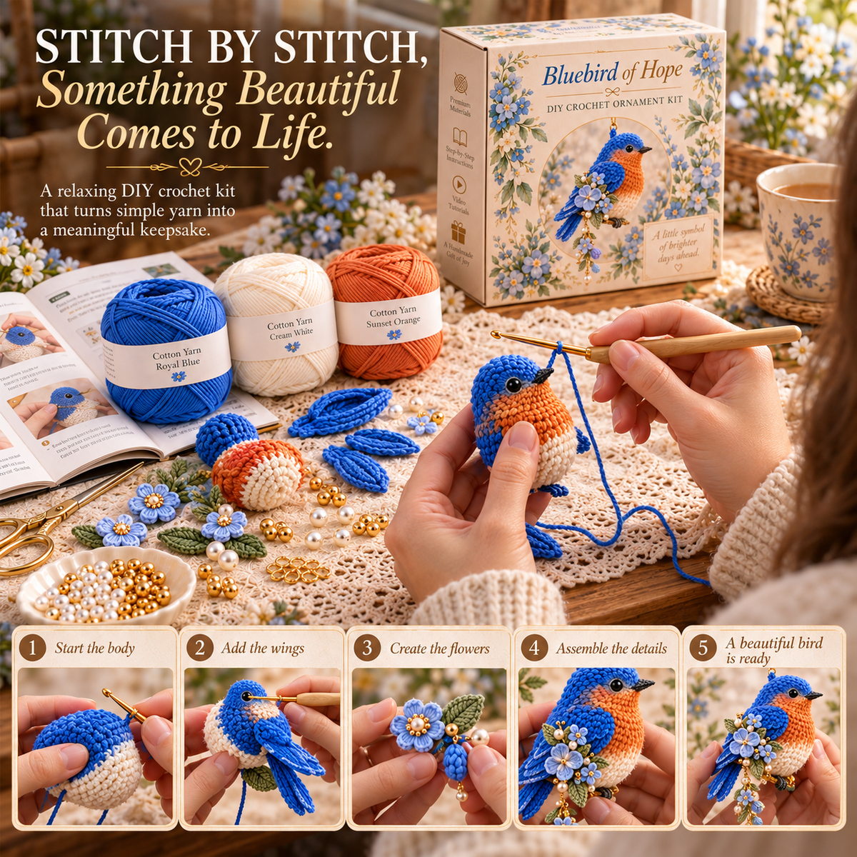 A DIY crochet bird crafting scene with yarn, hook, instructions and five stages from bird body to finished ornament