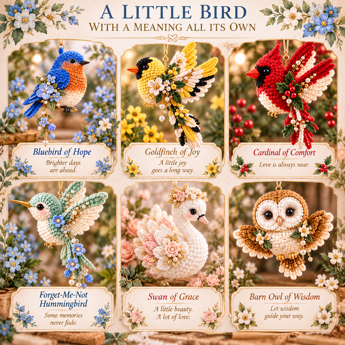 All six crochet birds displayed with illustrated cards describing hope, joy, comfort, memories, grace and wisdom
