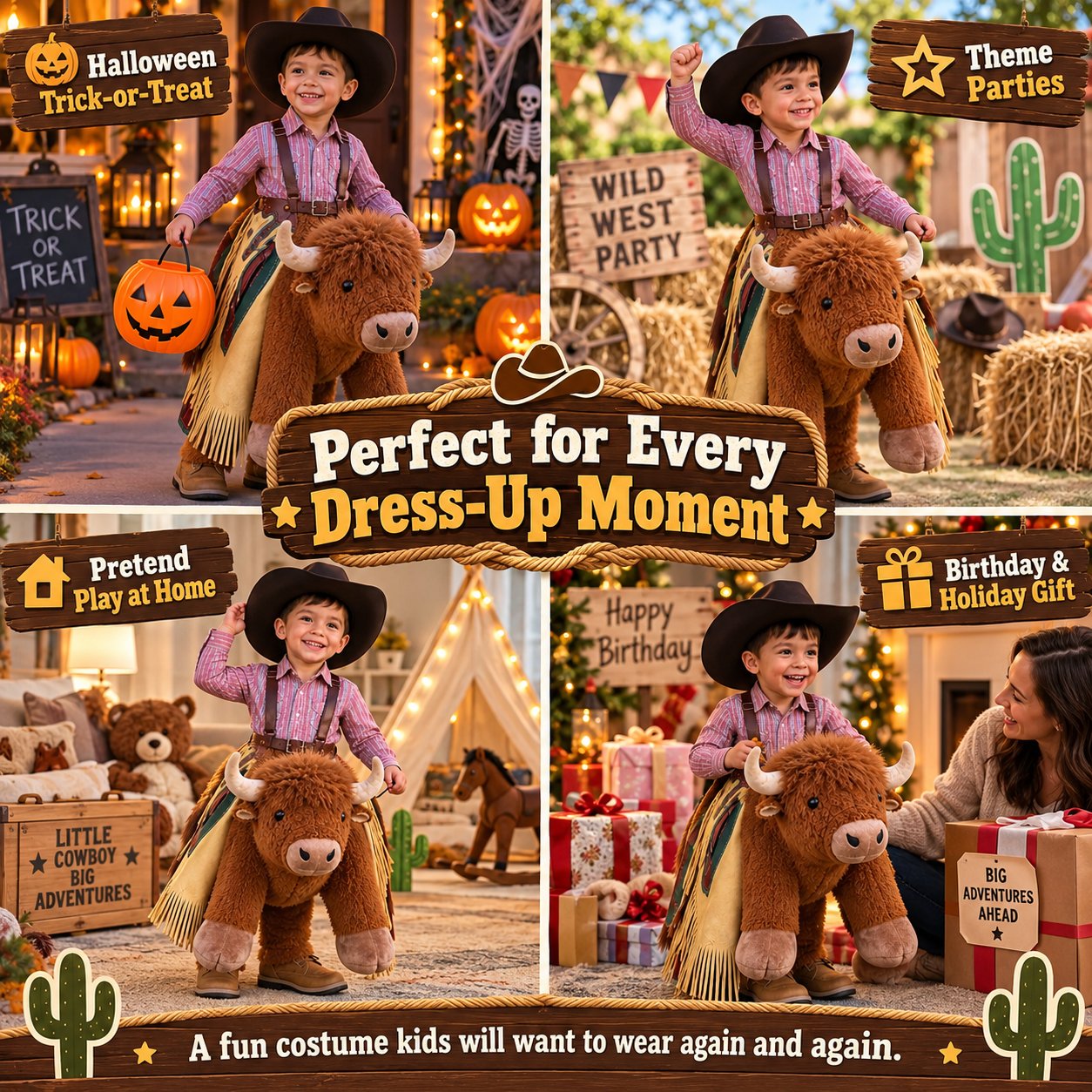 🤠🐂 Little Rodeo Rider Plush Bull Costume – Adjustable Cowboy Ride-On Dress-Up