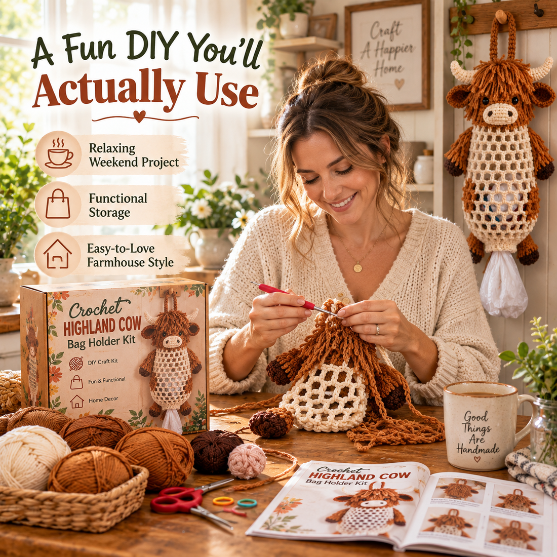 Woman crocheting Highland Cow animal bag holder with yarn and crochet materials at home