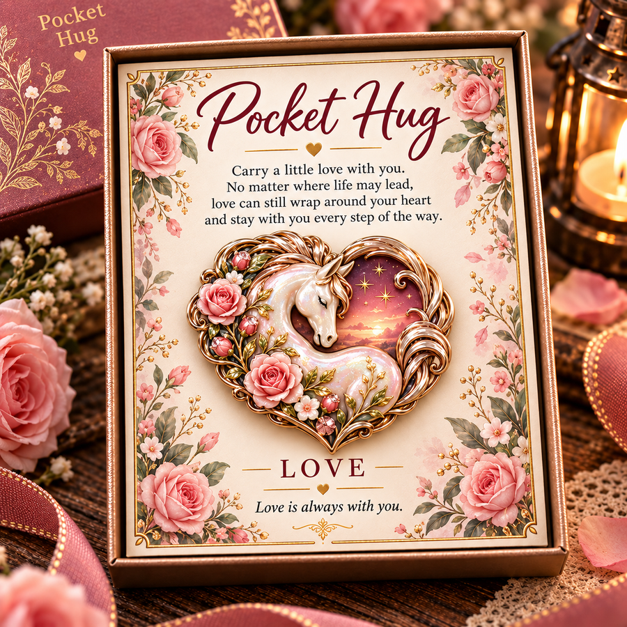 Love design with a pearly-looking horse, pink roses, gold-tone curves and a warm sunset background
