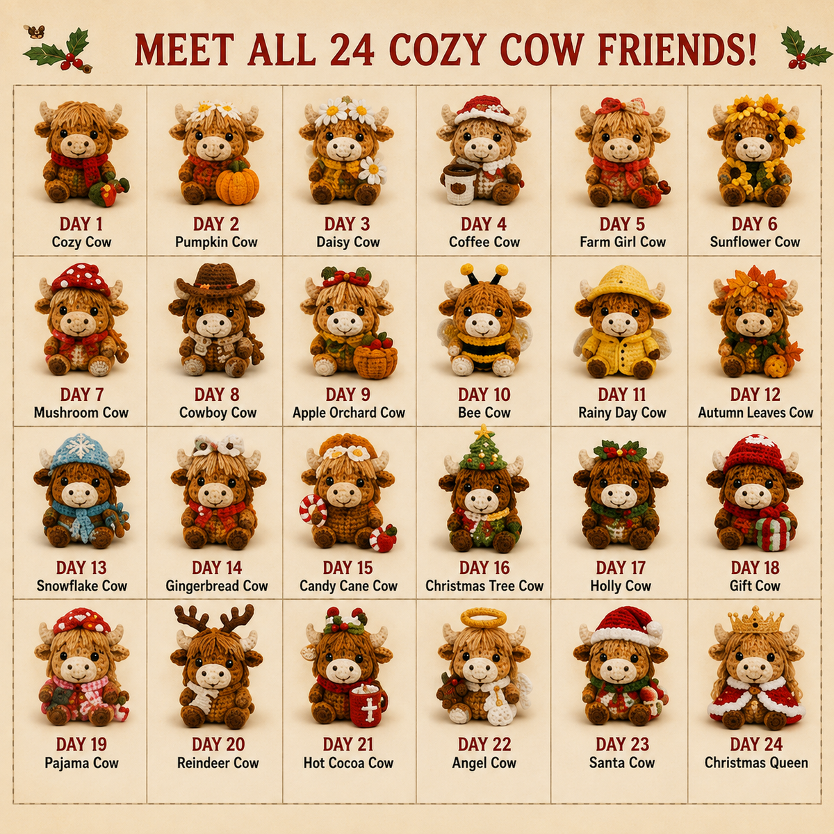 🎄 2026 Cozy Highland Cow Crochet Advent Calendar – 24 Unique Christmas Cow Friends