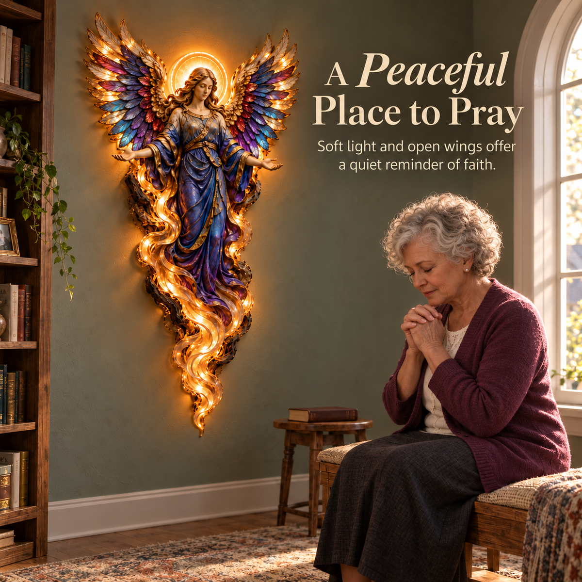 Gabriel angel sculpture in peaceful prayer corner