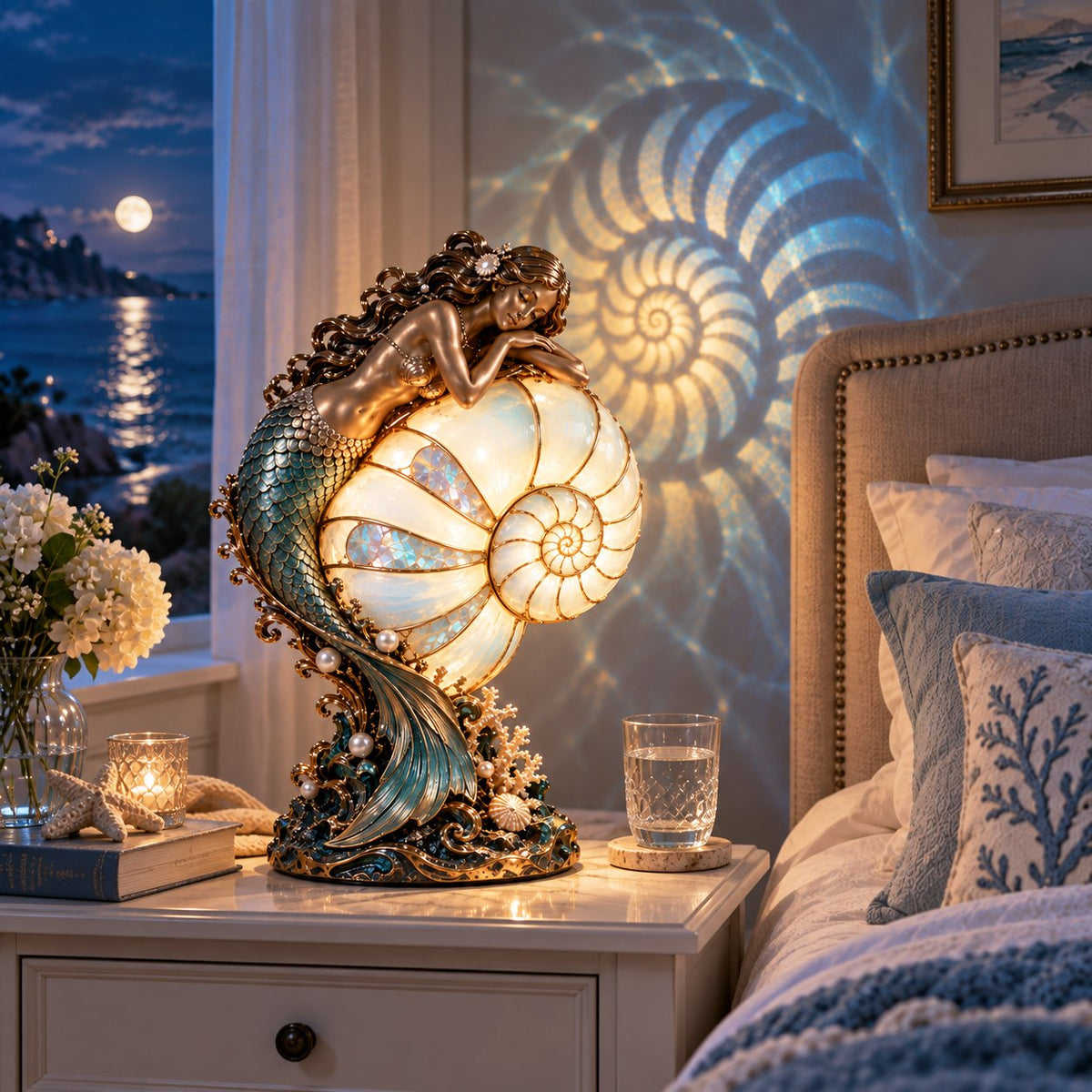 🧜‍♀️🌙 Moonlit Mermaid Nautilus Lamp™ | Ocean Projection Accent Light