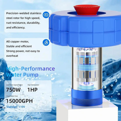 Pond Fountain Aerator  1HP 110V 750W 15000 GPH Floating Fountain Pump with 100 FT Power Cord  2 x 100 FT Rope Timer  Fully Automatic Powerful Aerating Fountain for Larger Ponds, Lakes