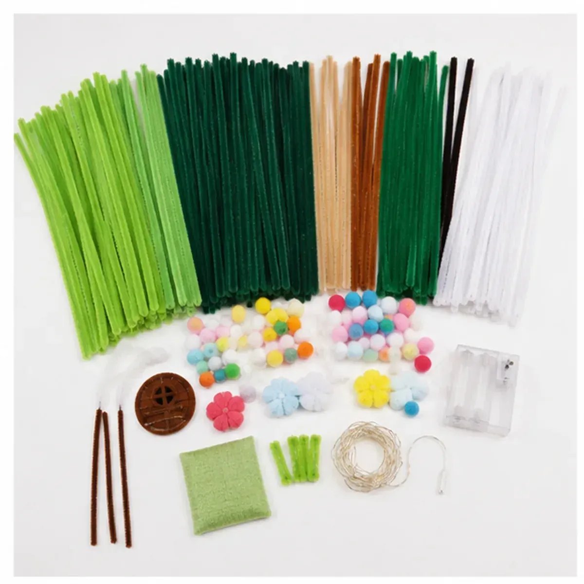 DIY pipe cleaner Christmas tree house kit components