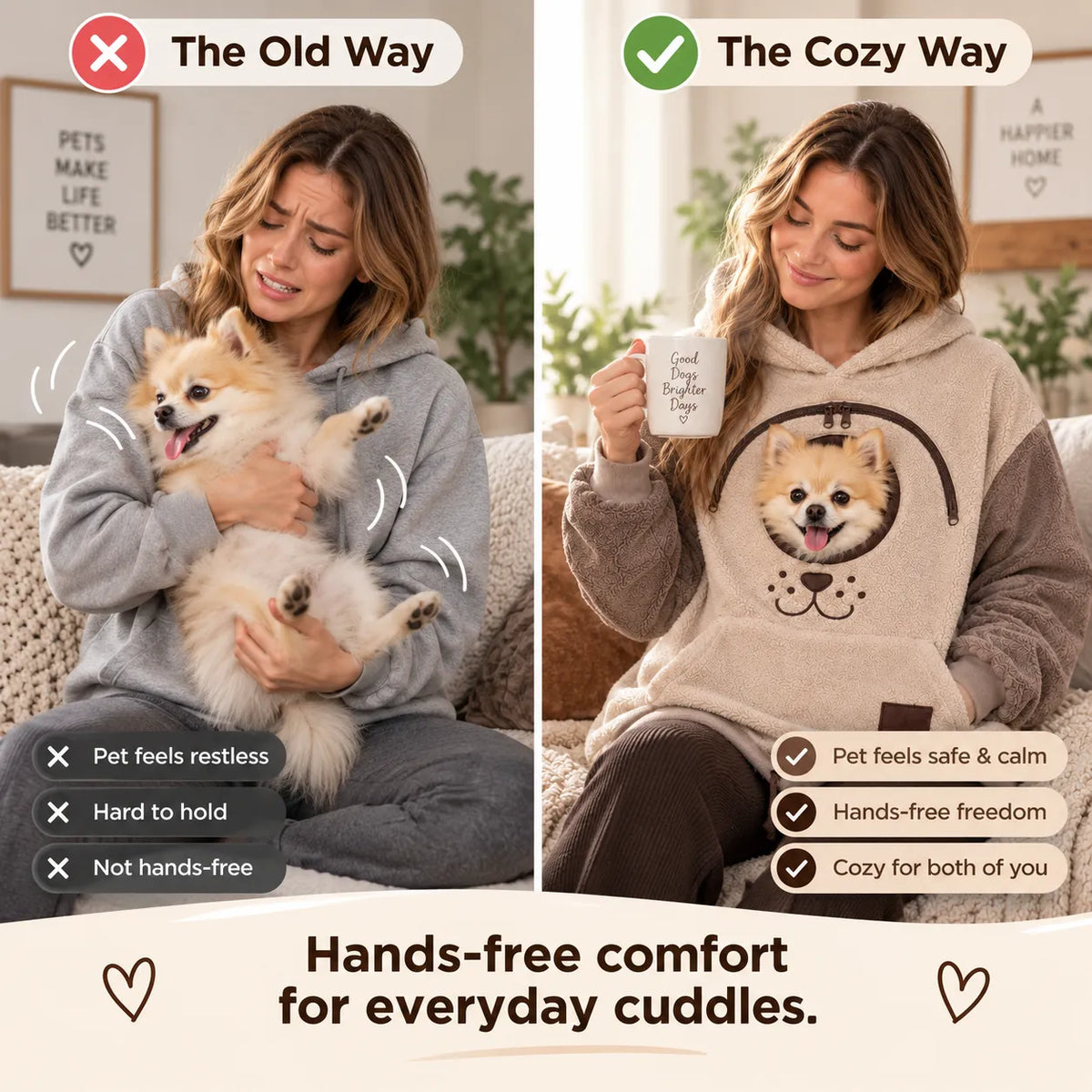 Traditional pet carrying compared with Stay Close Cuddle Hoodie