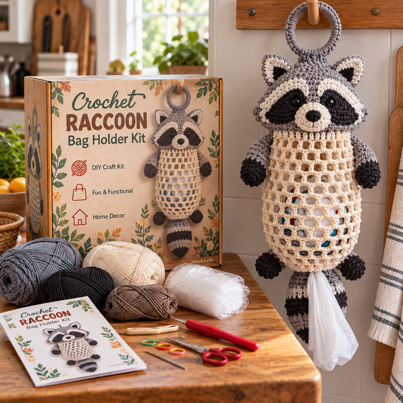 Raccoon crochet bag holder DIY kit with black and white masked face