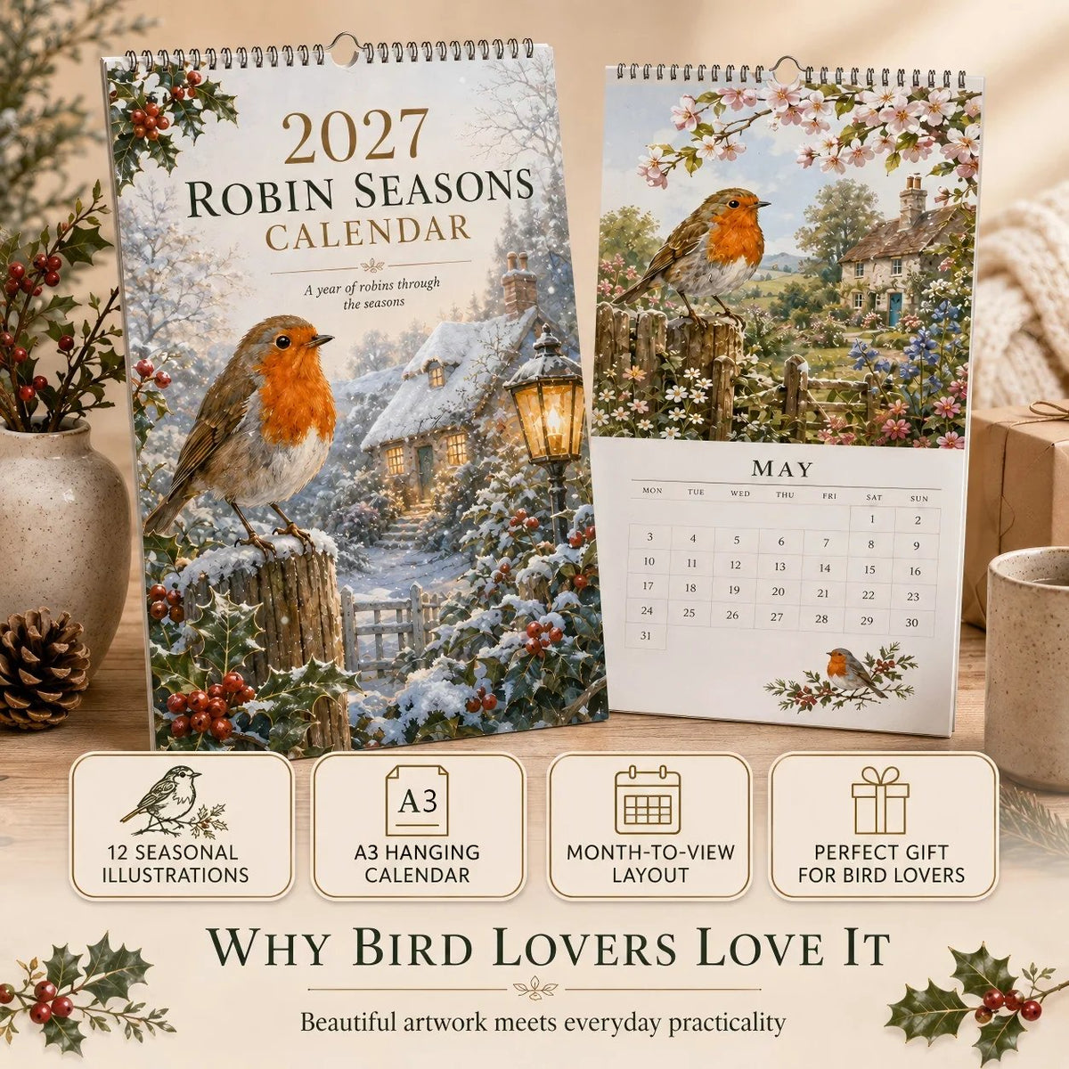 2027 Robin Seasons Calendar – Countryside Garden Bird Wall Calendar & Gift for Bird Lovers