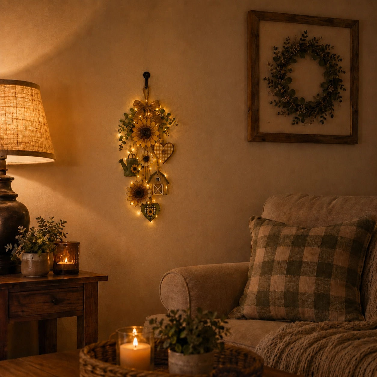 Rustic sunflower farmhouse hanging ornament by day and with warm lights at night