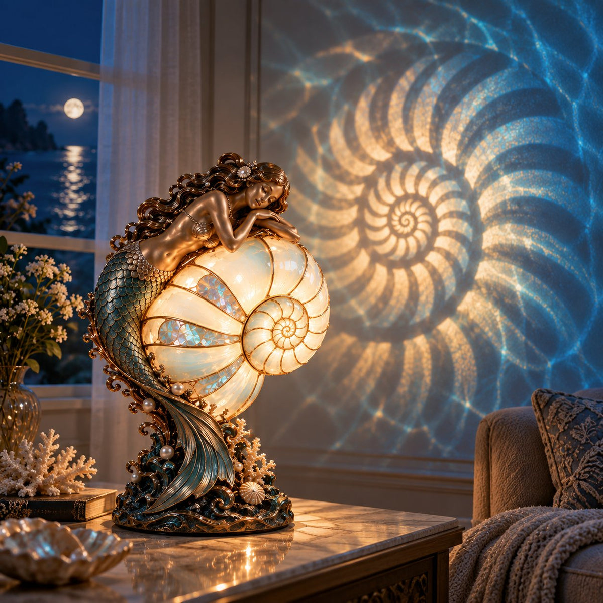 Moonlit Mermaid Nautilus Lamp glowing with ocean spiral projection