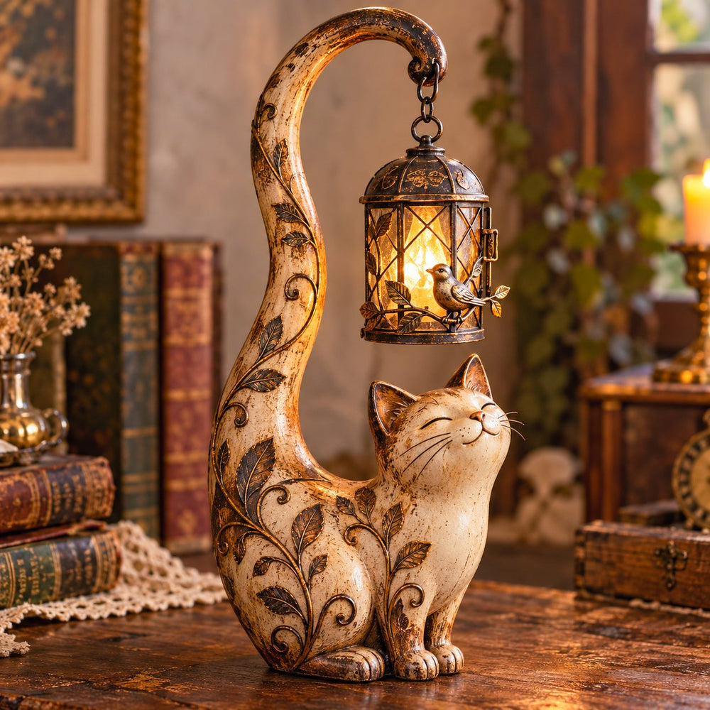 Cat lantern sculpture glowing after dark