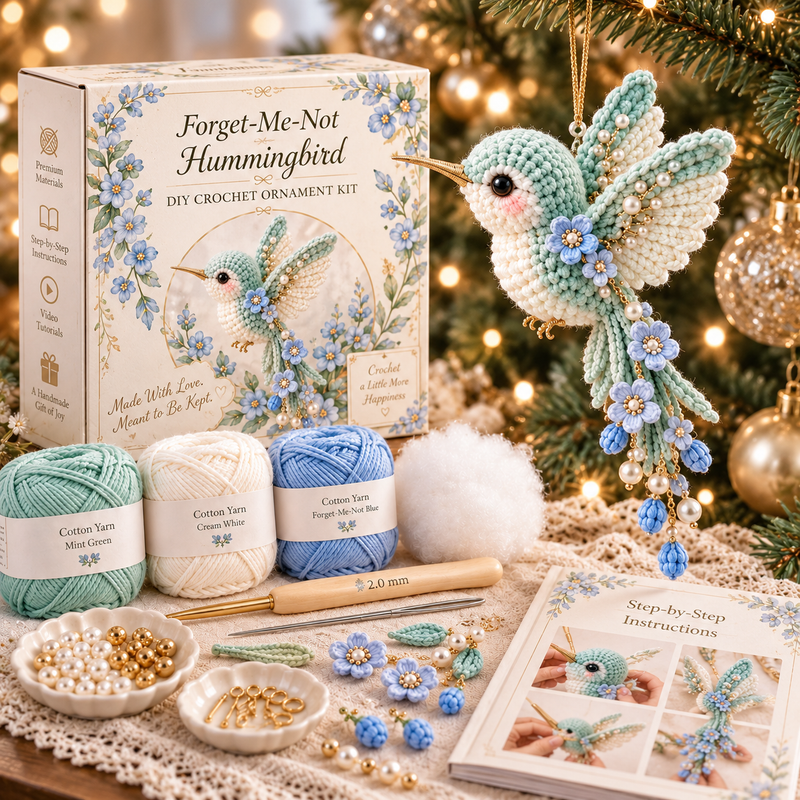 Forget Me Not Hummingbird crochet ornament kit with mint wings and blue forget-me-not flowers