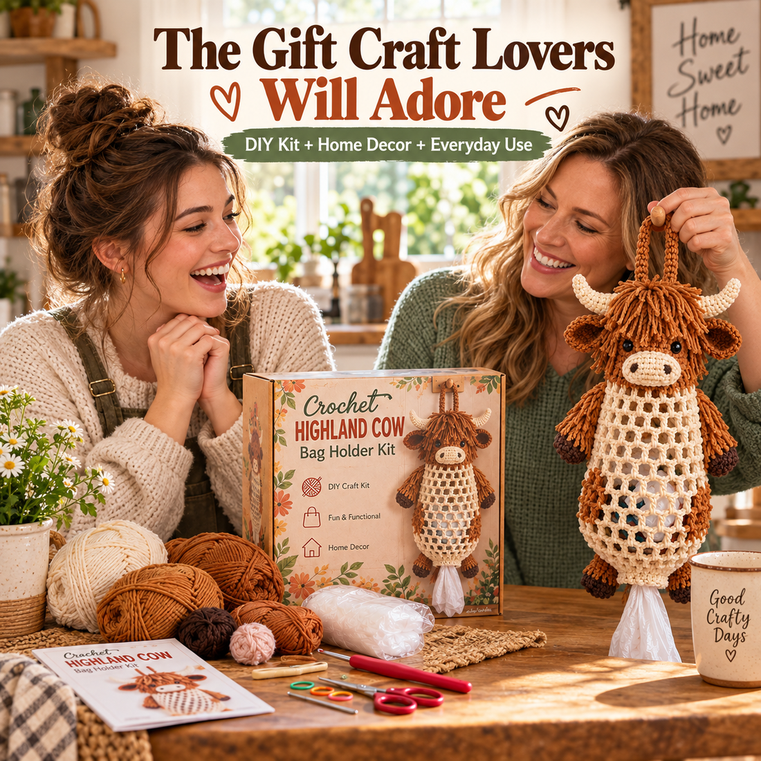 Two women enjoying Highland Cow Crochet Bag Holder DIY Kit as a thoughtful crafting gift