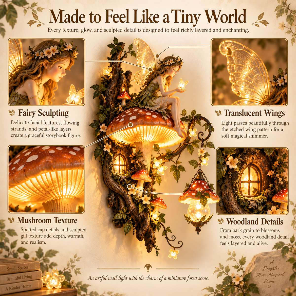 Enchanted mushroom fairy wall light detail