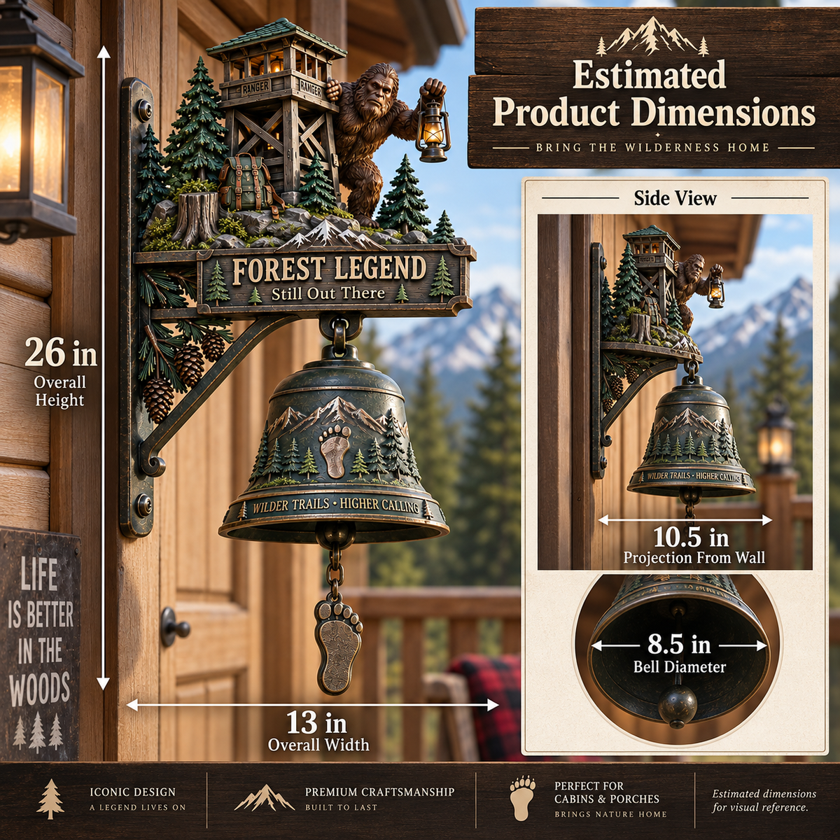 Bigfoot Forest Ranger Bell mounted in a rustic porch setting