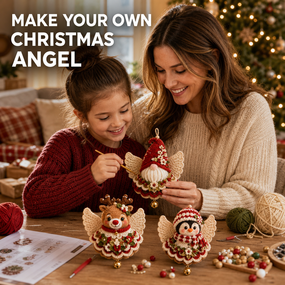 Family making Christmas crochet ornaments