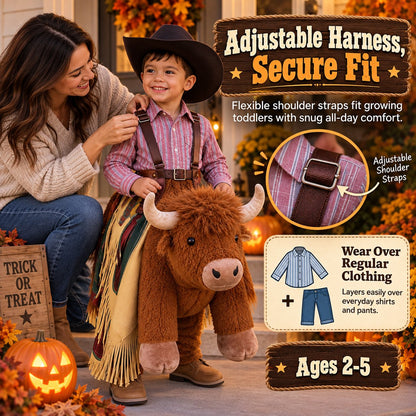 🤠🐂 Little Rodeo Rider Plush Bull Costume – Adjustable Cowboy Ride-On Dress-Up