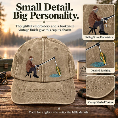 🎣🧢 Catch of the Day Interactive Fishing Cap –🎁 Vintage Washed Moving Fish Hat