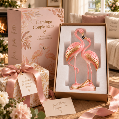 🦩✨ Blush & Gold Flamingo Couple Figurine 🌸💗
