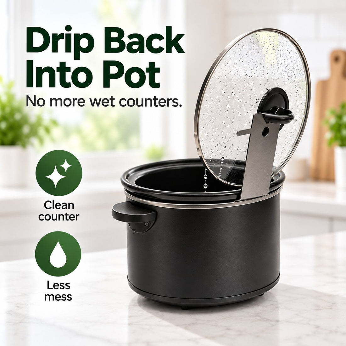 Pot lid held upright on kitchen counter stand