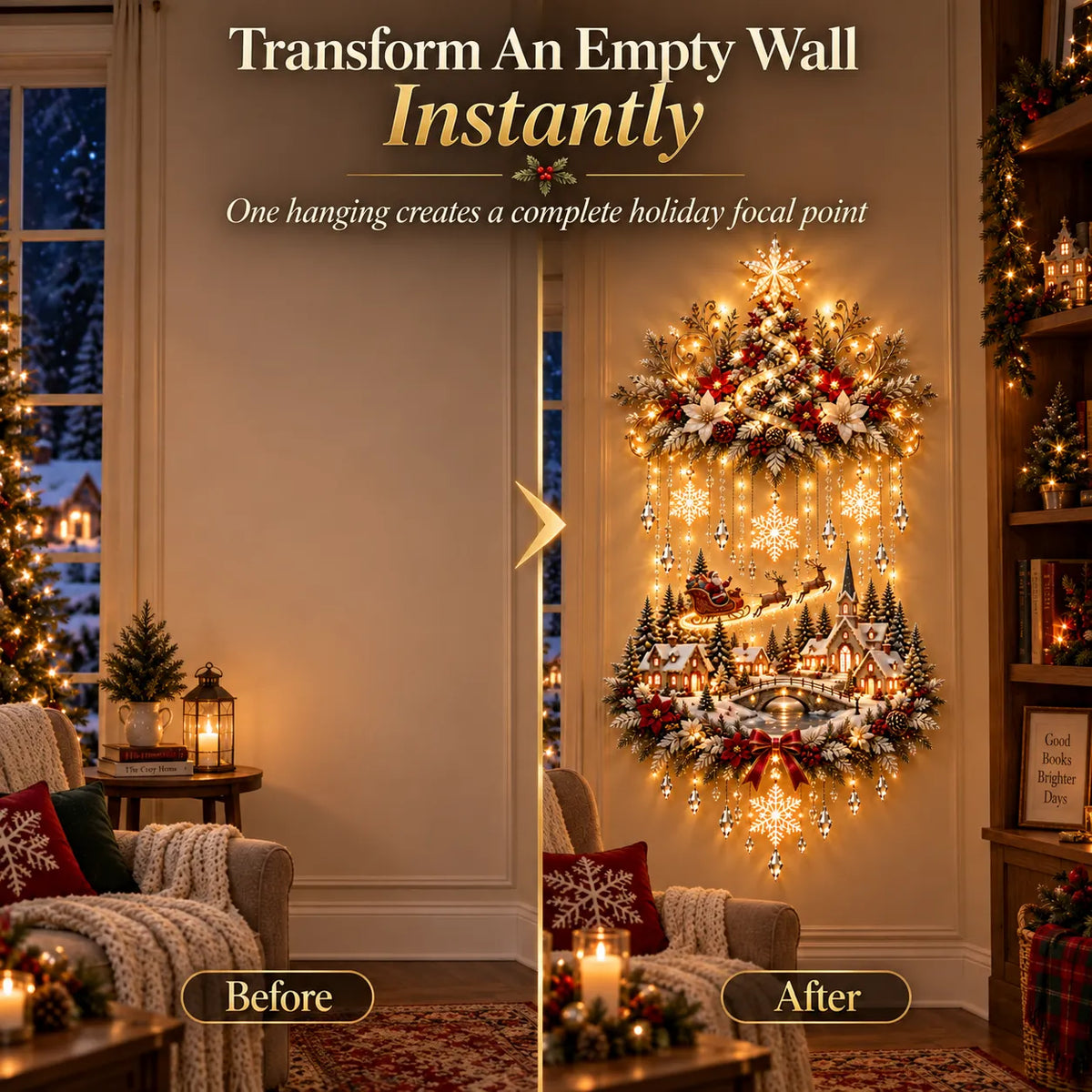 Empty wall before and after Christmas wall display