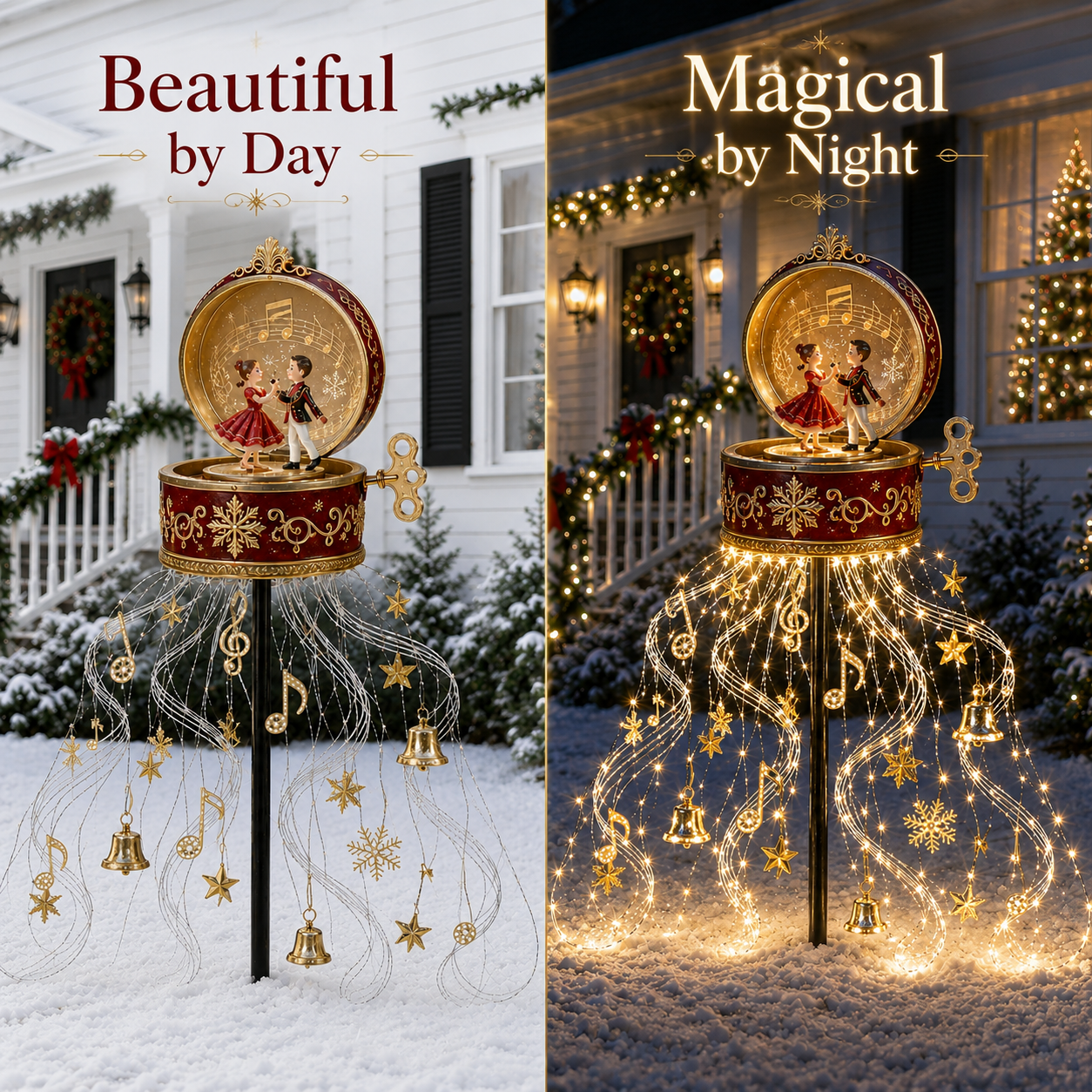 Christmas Music Box Fountain Light day and night comparison