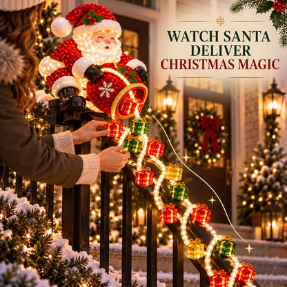 🎅🎁 Lighted Santa Gift Cascade Railing Décor
