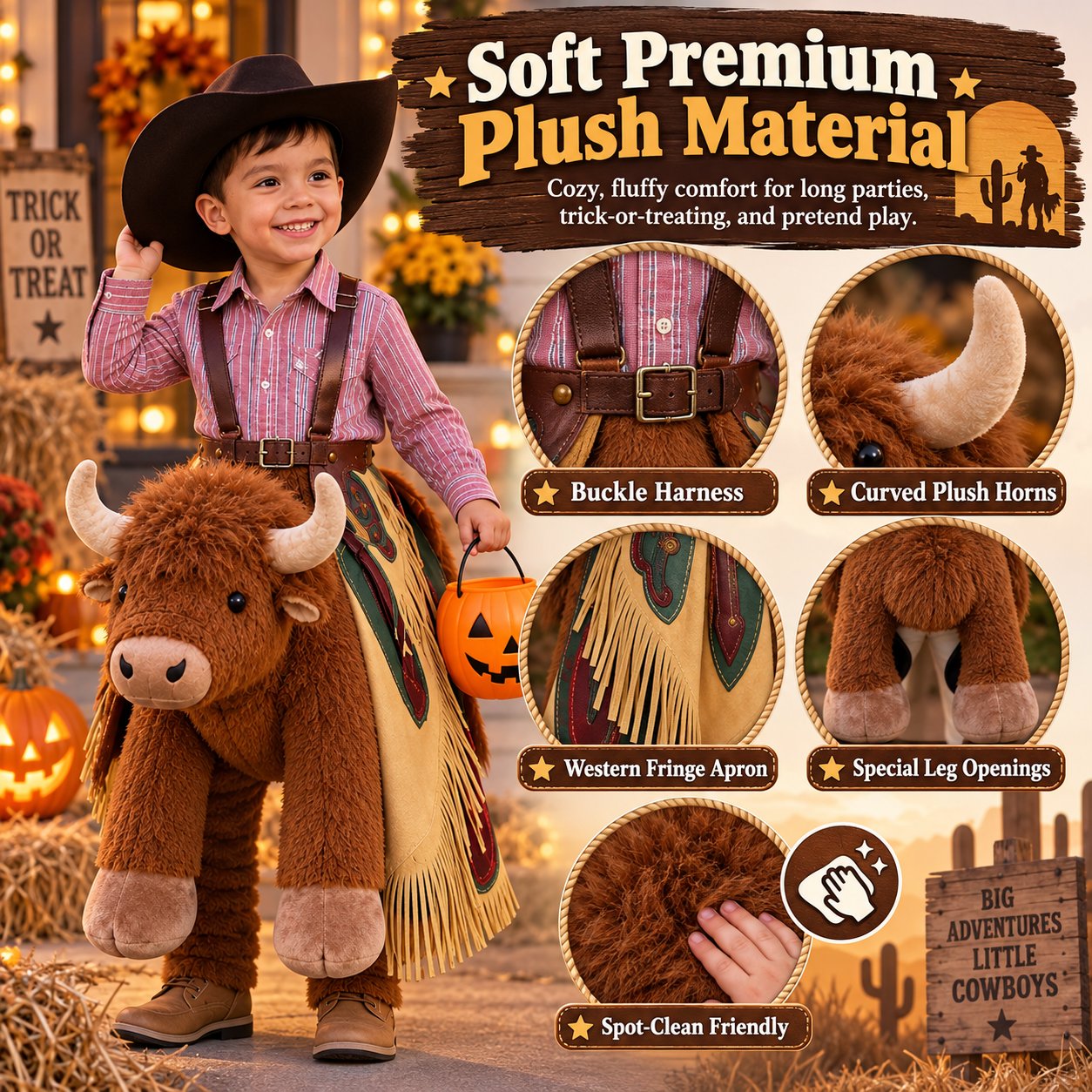 🤠🐂 Little Rodeo Rider Plush Bull Costume – Adjustable Cowboy Ride-On Dress-Up