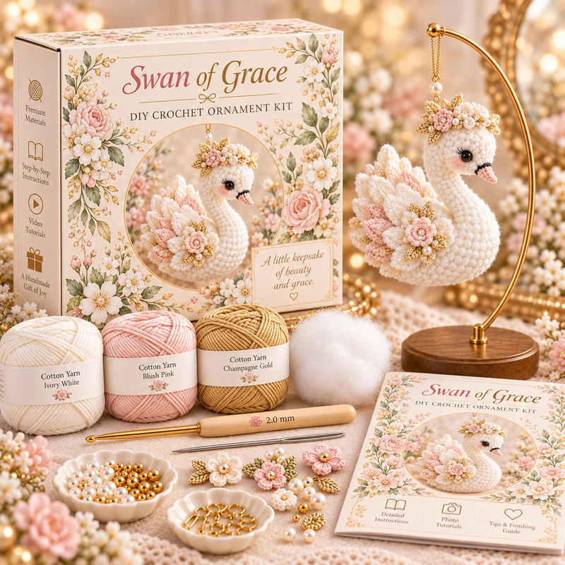 Swan of Grace ivory crochet ornament kit with blush pink floral details and gold-toned accents