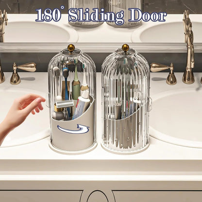 360° Rotating Toothbrush & Vanity Organizer with Clear Sliding Cover