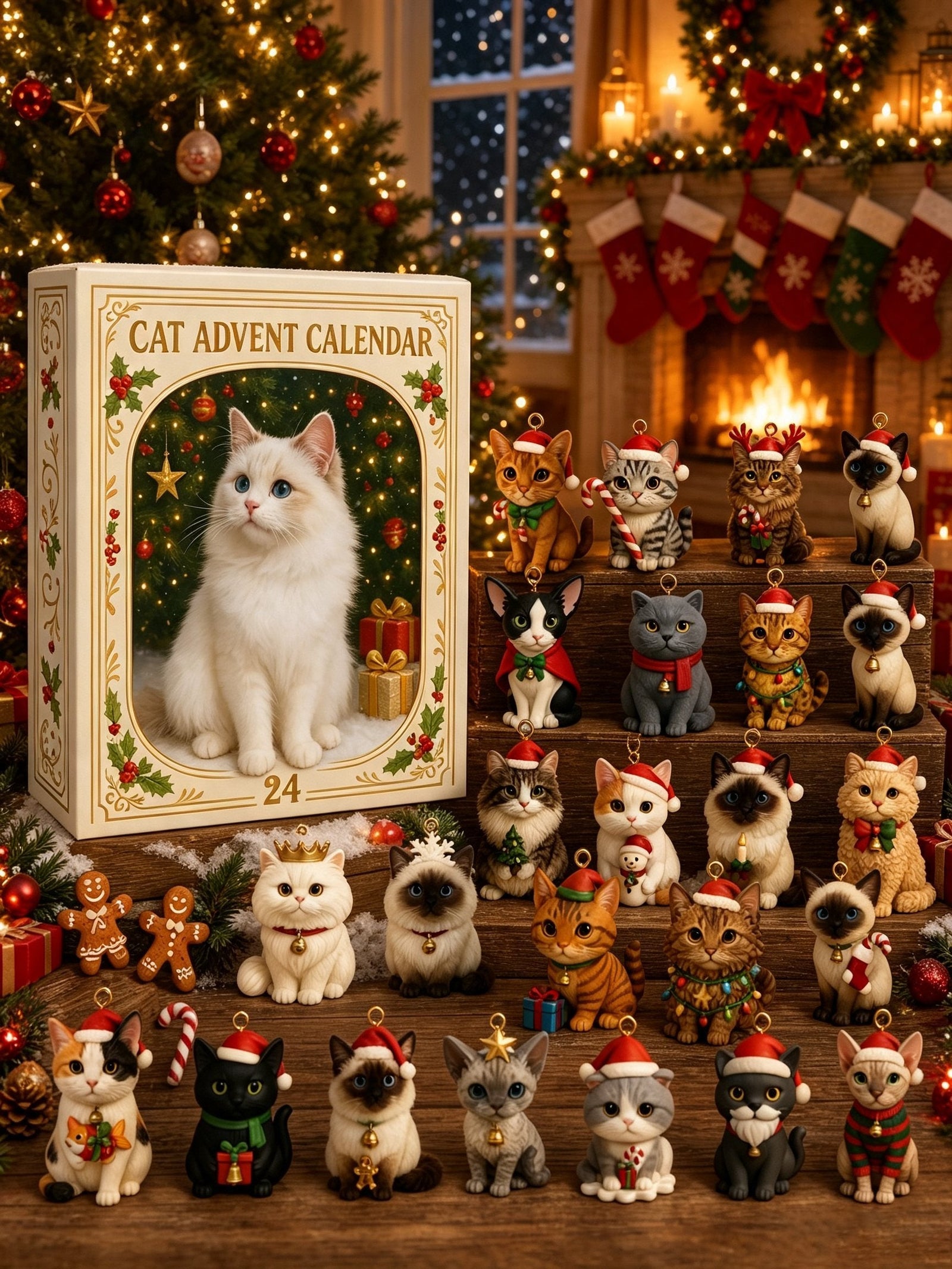 Cat Advent Calendar with a full collection of festive cat ornaments