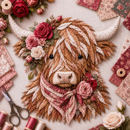 🐮💐🌸 Birth Flower Highland Cow 3D Layered Fabric Art DIY Kit (Beginner-friendly)