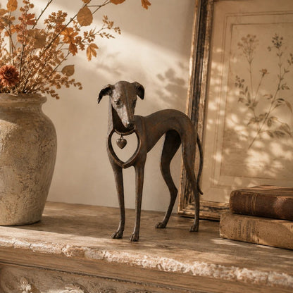 🐕 Heritage Heart Sighthound Sculpture – Vintage Iron Dog Accent for Timeless Interiors