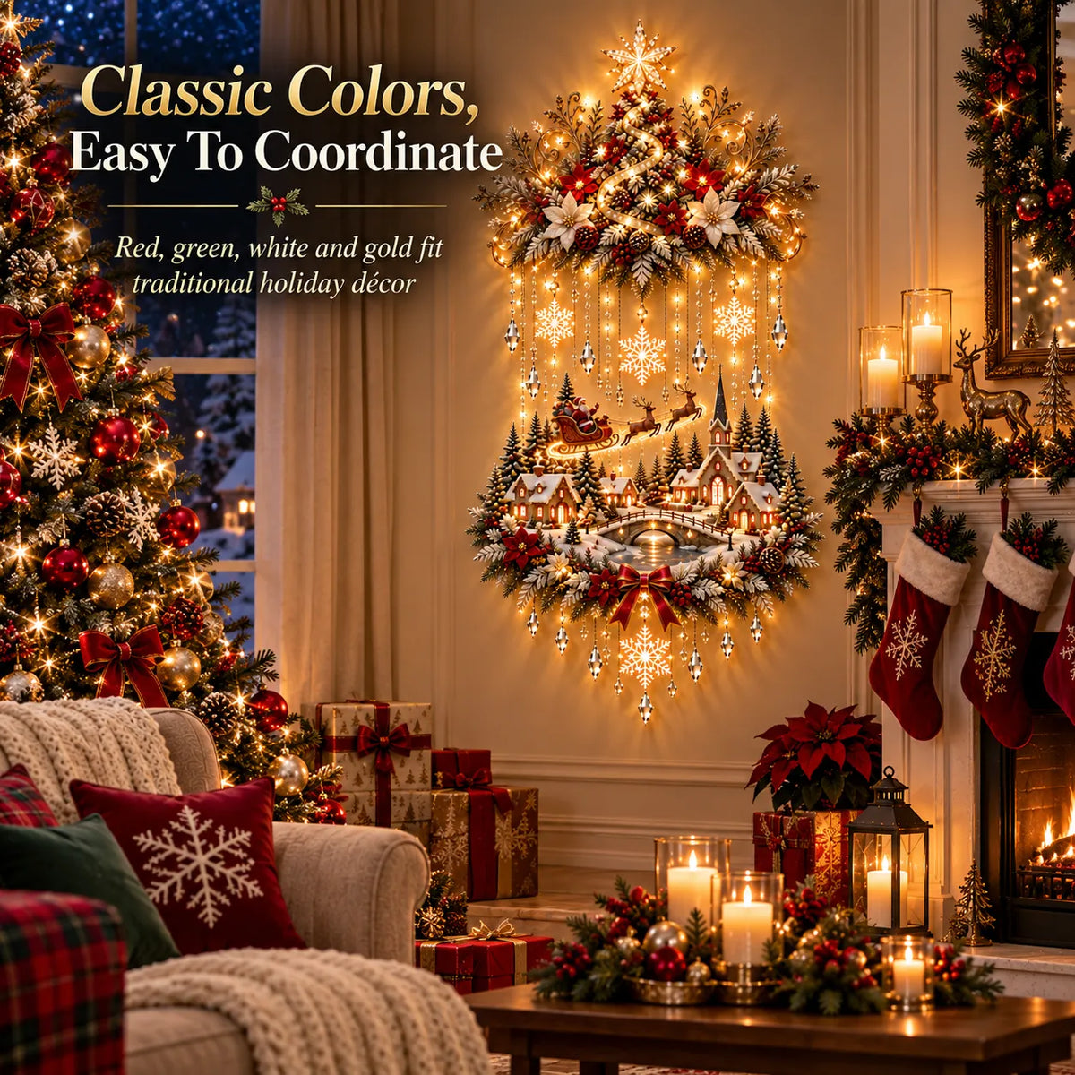 Traditional red green white and gold Christmas decor